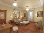 современная спальня с персиковыми стенами